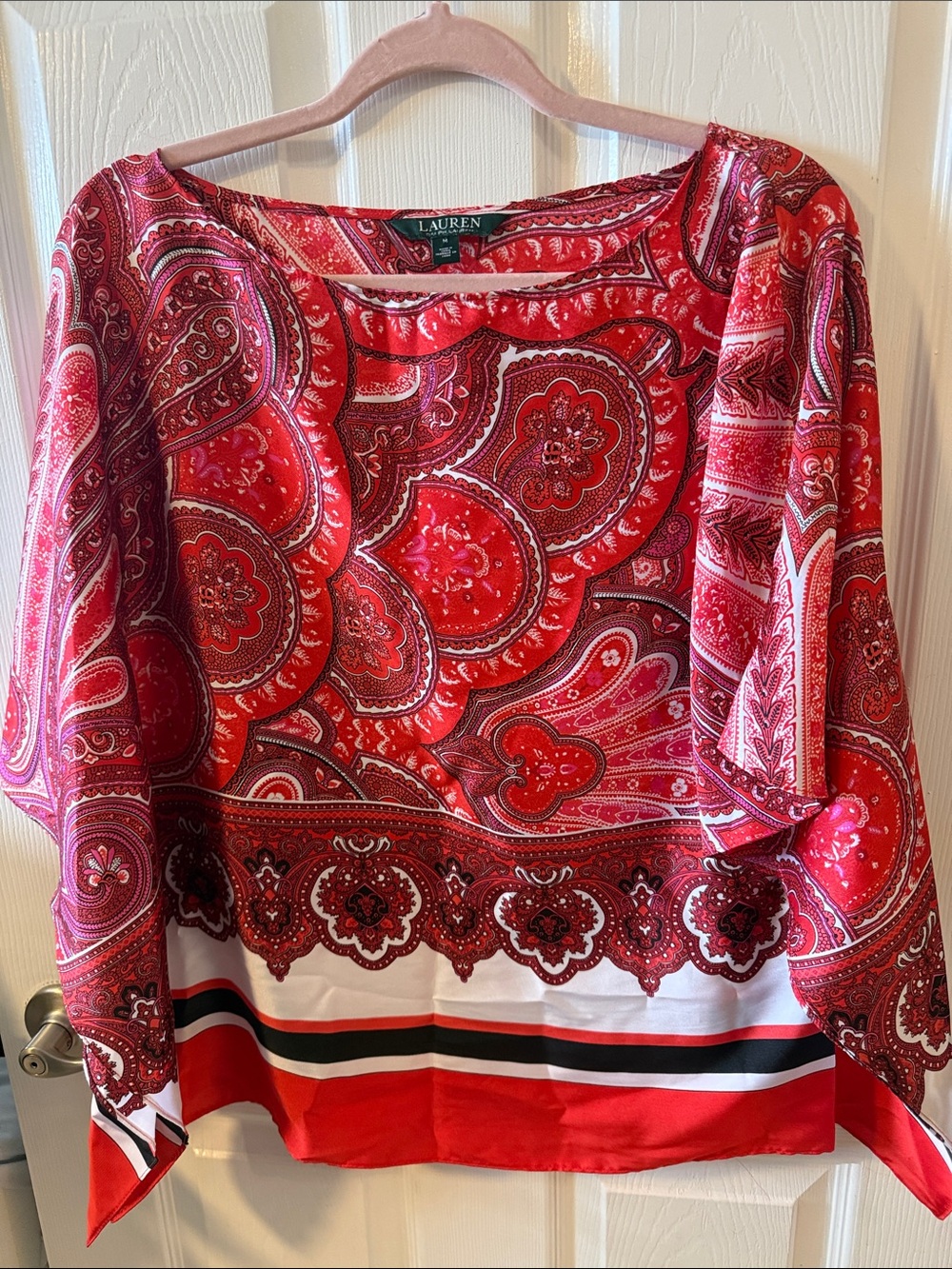 SOPHISTICATED Lauren Ralph Lauren Red Paisley Scoop-Neck Blouse with Border Trim